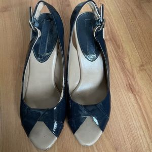 Navy blue patent leather wedge shoes
